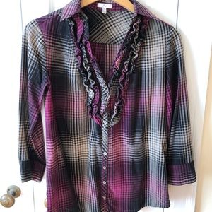 Joie V-Neck Ruffled Plaid Flannel